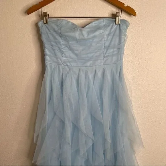 Lulus Delightful Beauty Blue Mesh Strapless Ruched Ruffled Maxi Dress Medium